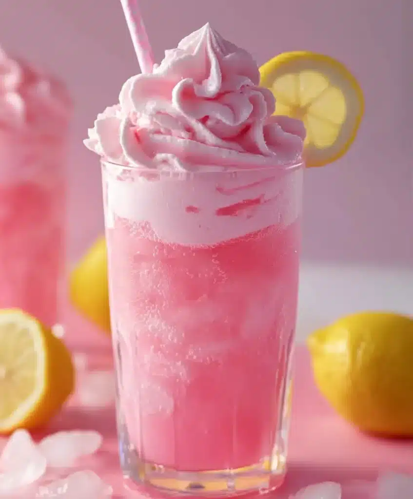 Whipped pink lemonade topped with fluffy cream and a lemon slice