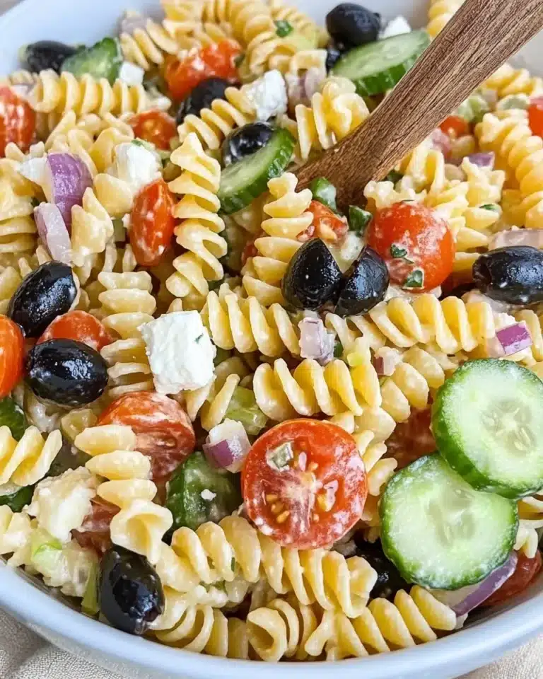 Tri-color rotini pasta salad with cucumbers, olives, tomatoes, and feta