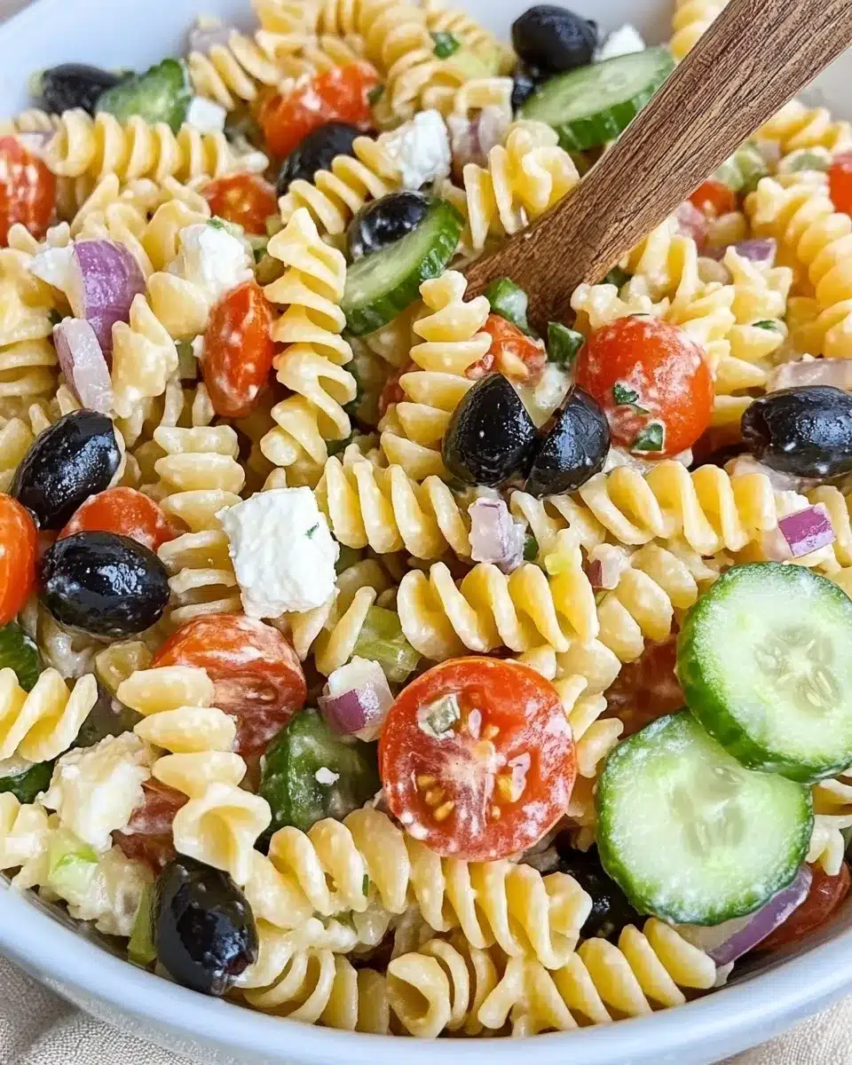 Tri-color rotini pasta salad with cucumbers, olives, tomatoes, and feta