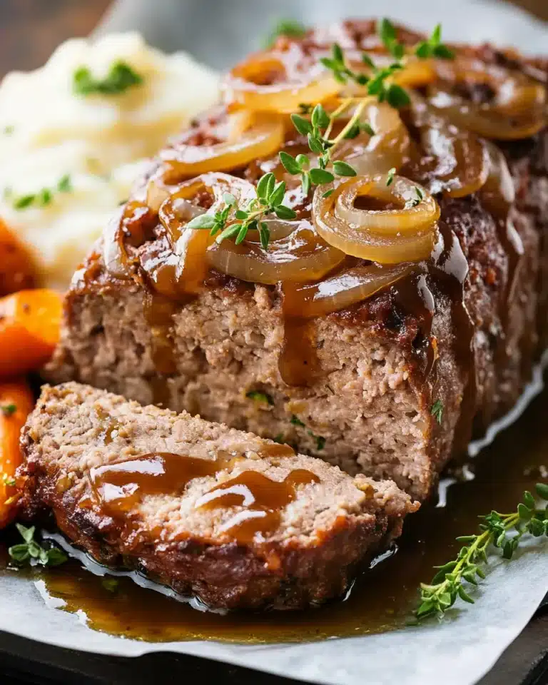 Meatloaf with caramelized onions and gravy next to mashed potatoes