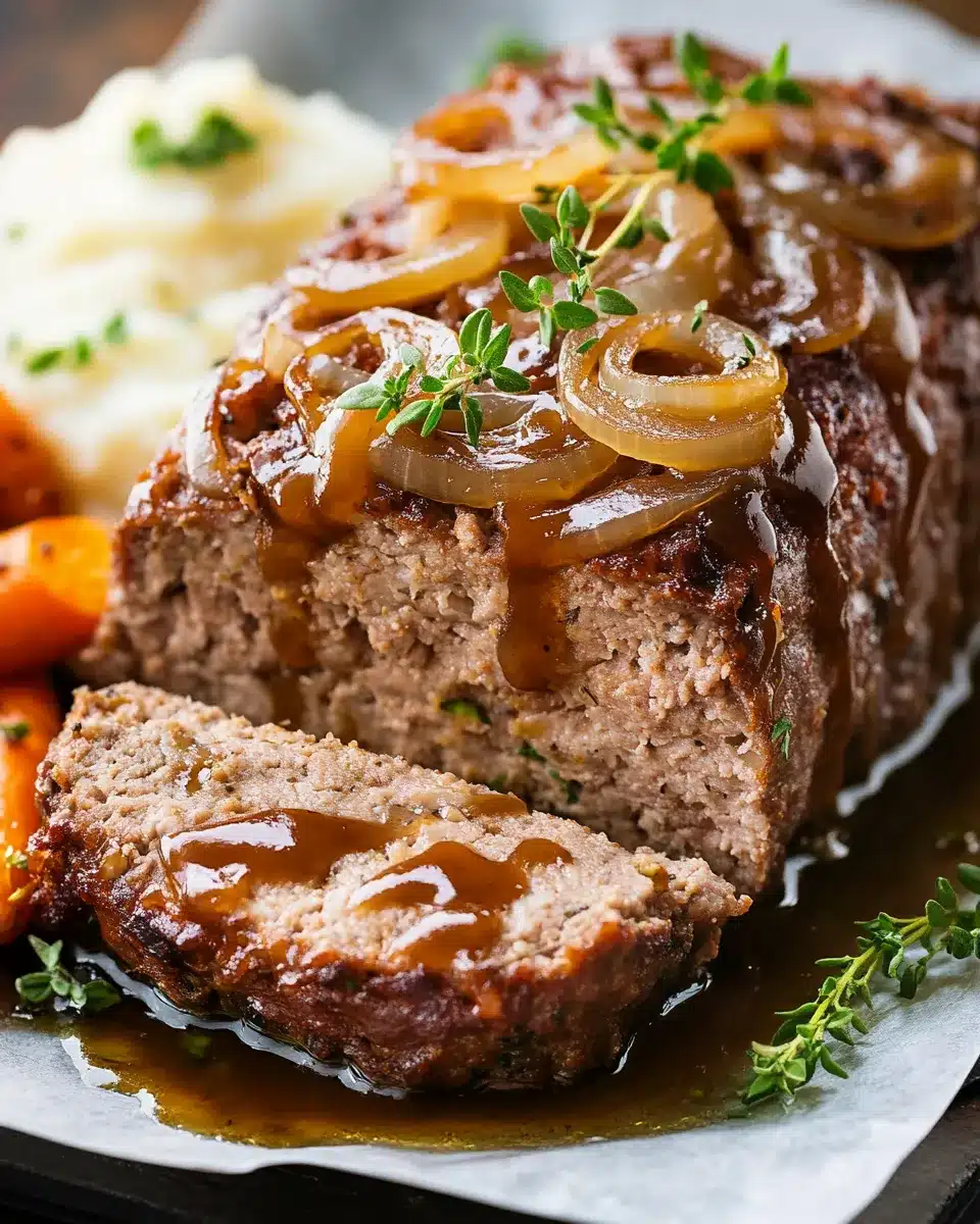 Meatloaf with caramelized onions and gravy next to mashed potatoes