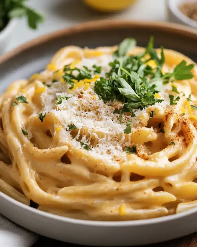 Creamy Cajun Parmesan pasta topped with fresh parsley and grated cheese