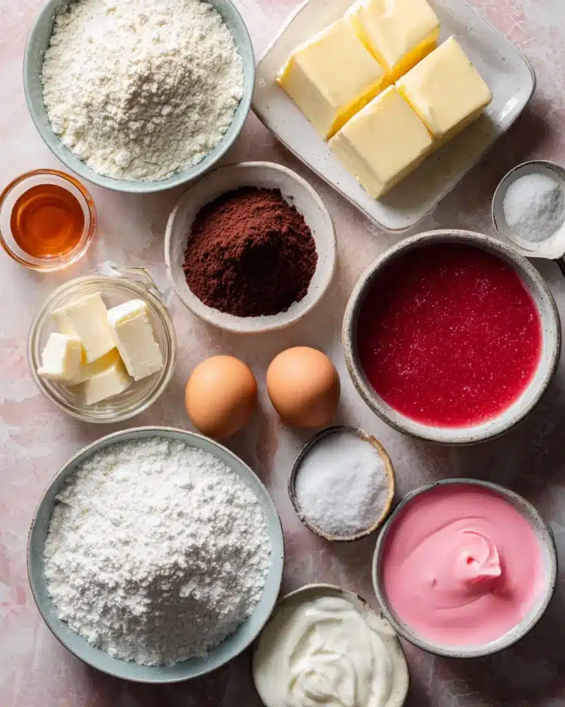 Ingredients for Neapolitan cake including flour, butter, eggs, cocoa, strawberry puree, and pink frosting.