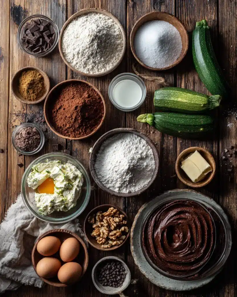 Flat lay of ingredients for the Healthy Chocolate Zucchini Cake recipe: zucchini, cocoa powder, eggs, and rich chocolate frosting.