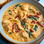Bowl of creamy Marry Me Chicken Soup with wide pasta and sun-dried tomatoes