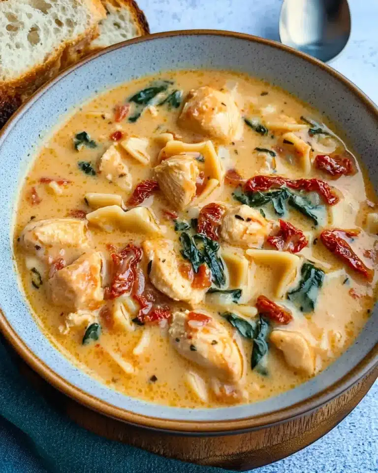 Bowl of creamy Marry Me Chicken Soup with wide pasta and sun-dried tomatoes