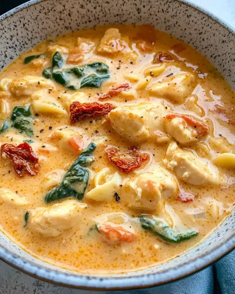 Creamy Marry Me Chicken Soup with pasta, spinach, sun-dried tomatoes, and chicken
