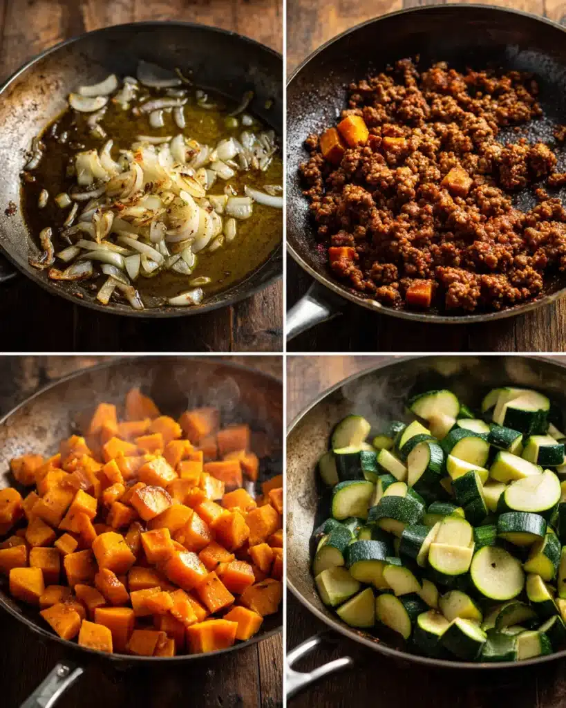 Step-by-step skillet cooking: sautéed onions, browned beef, steamed sweet potatoes, and zucchini.
