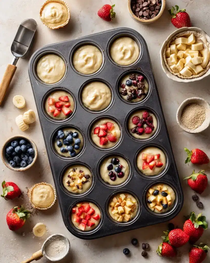 Mini muffin tin filled with pancake batter and various fruit and chocolate mix-ins
