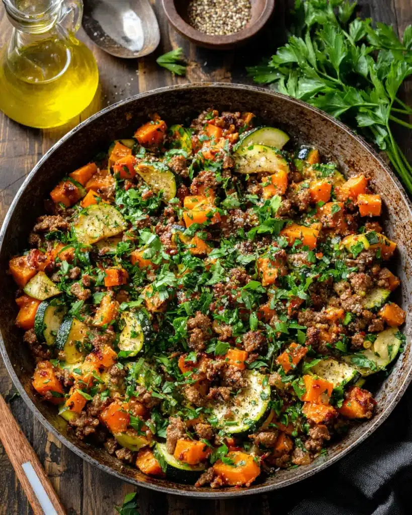 Finished ground beef sweet potato skillet topped with parsley in a rustic pan.