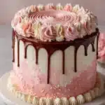 Neapolitan cake with chocolate ganache drip, pink ombré frosting, and piped buttercream swirl top.