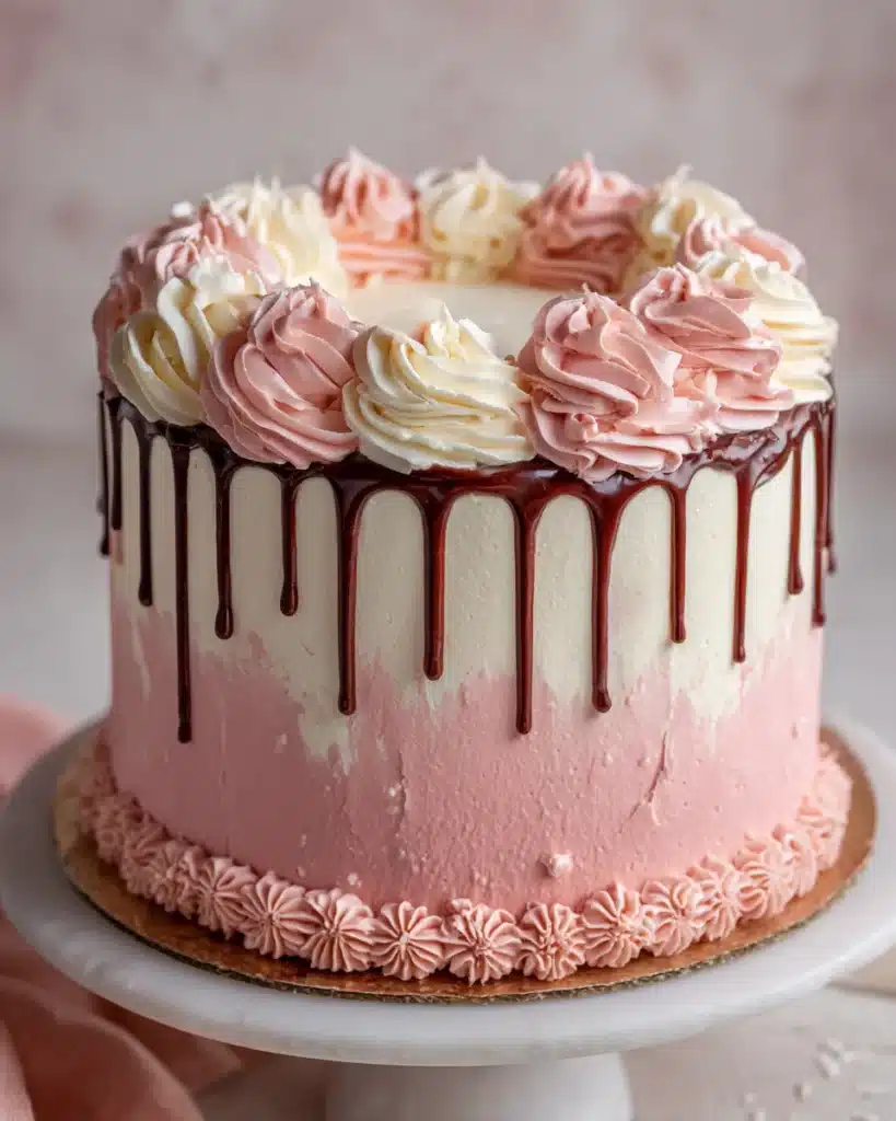 Neapolitan cake with ombré pink frosting, ganache drip, and piped buttercream swirls.