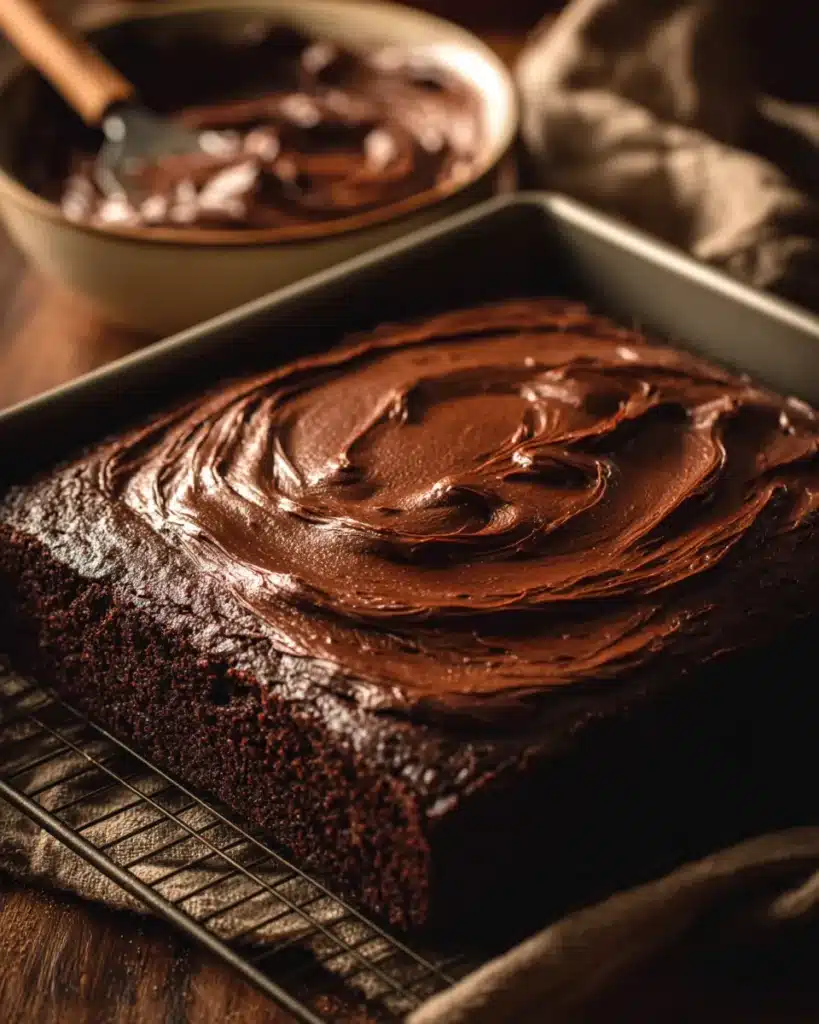 Freshly frosted chocolate zucchini cake cooling in a baking pan.