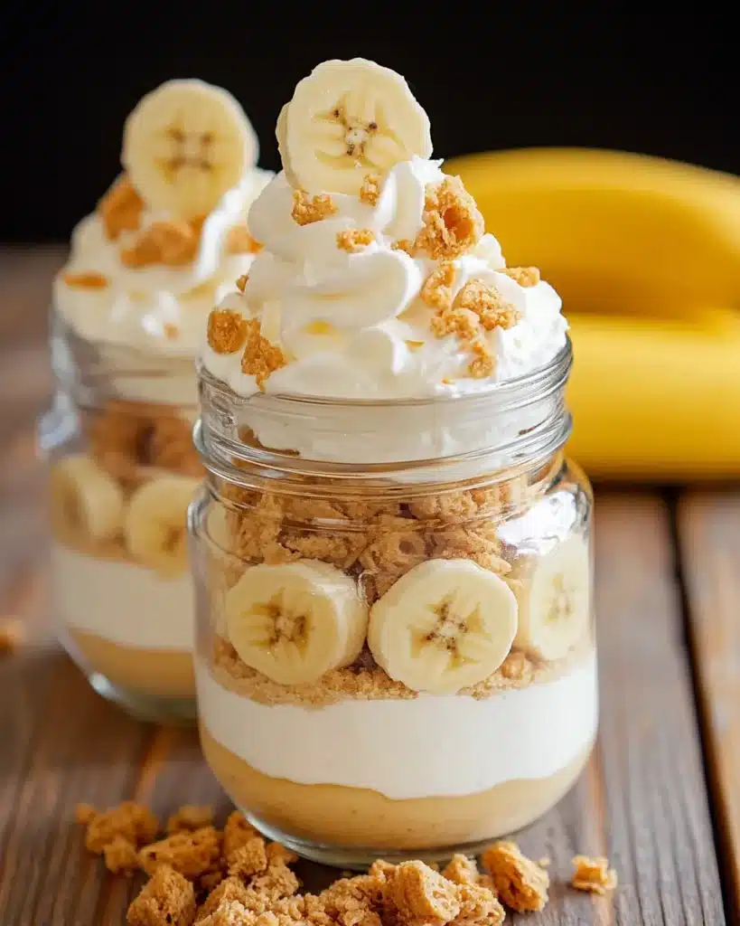 Mini banana pudding jars with crushed wafers and whipped topping