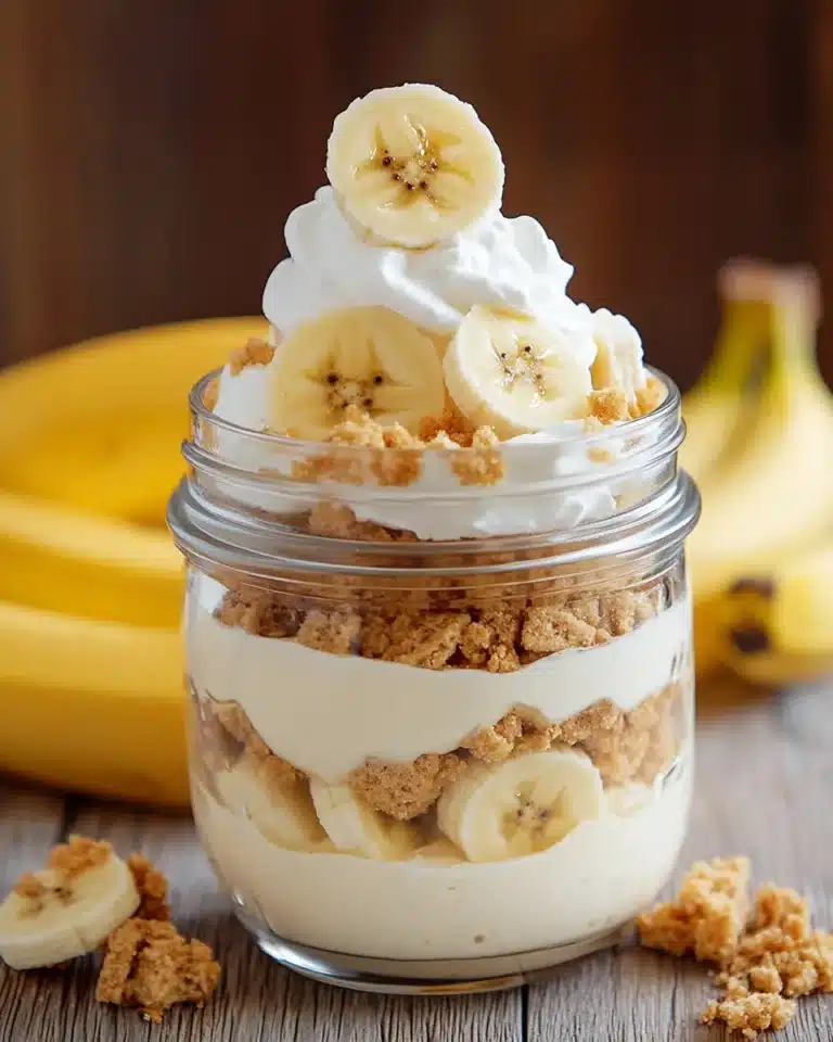 Banana pudding jar with whipped cream, vanilla wafers, and fresh banana slices