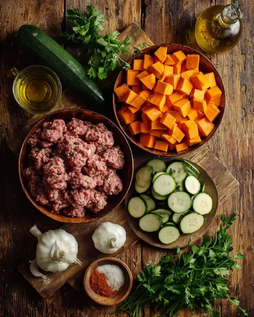 Fresh ingredients for ground beef sweet potato skillet including zucchini, sweet potatoes, garlic, and parsley.