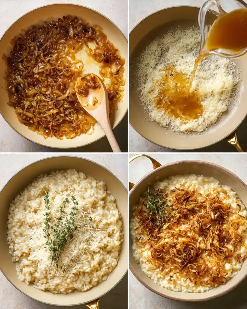 Step-by-step Perfect Caramelized Onion Risotto with onions, stock, cheese, and thyme.