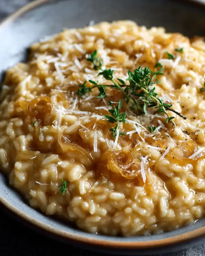 Close-up of creamy caramelized onion risotto with Parmesan and thyme