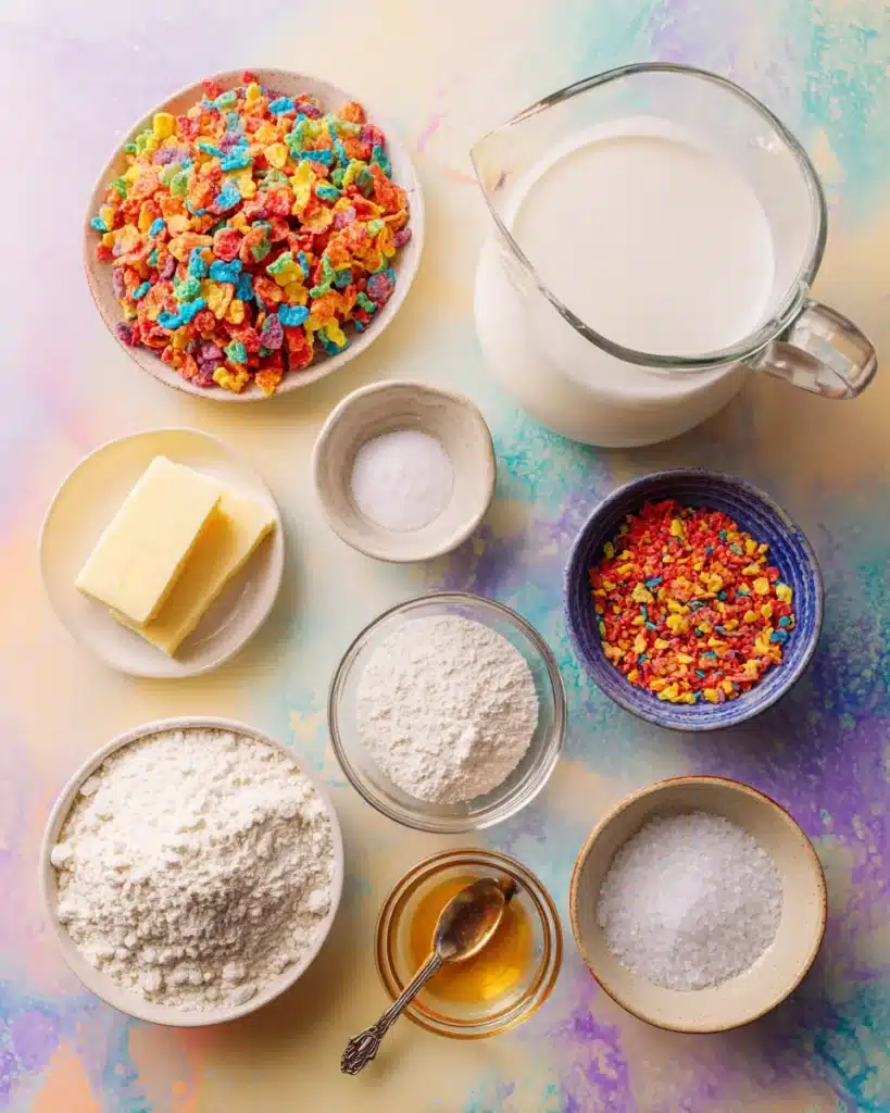 Ingredients for Fruity Pebbles ermine frosting including cereal, milk, butter, and sugar