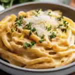 Spaghetti coated in creamy Cajun Parmesan sauce with lemon zest and thyme