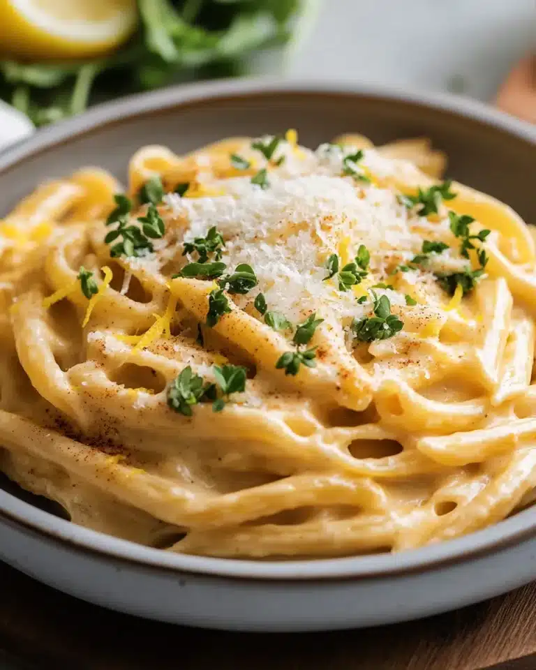 Spaghetti coated in creamy Cajun Parmesan sauce with lemon zest and thyme
