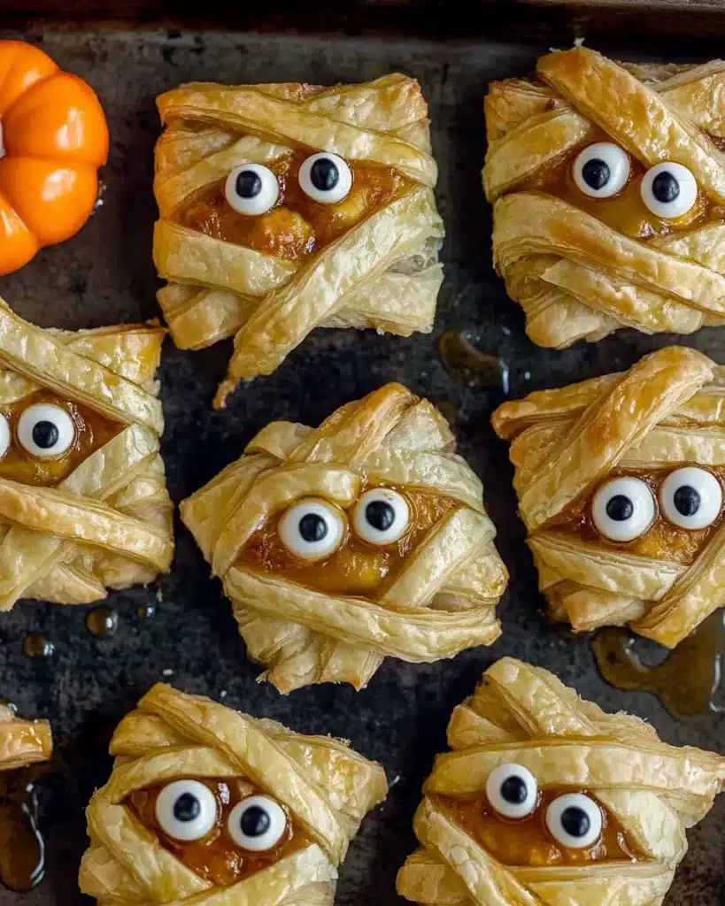 Square puff pastry-wrapped cheese mummies with candy eyes and golden finish.