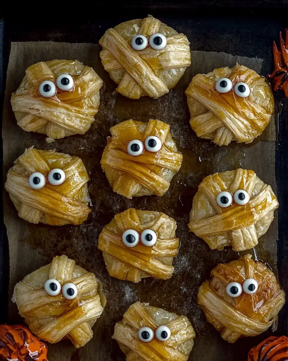 Golden round baked cheese mummies with puff pastry strips and spooky eyes.