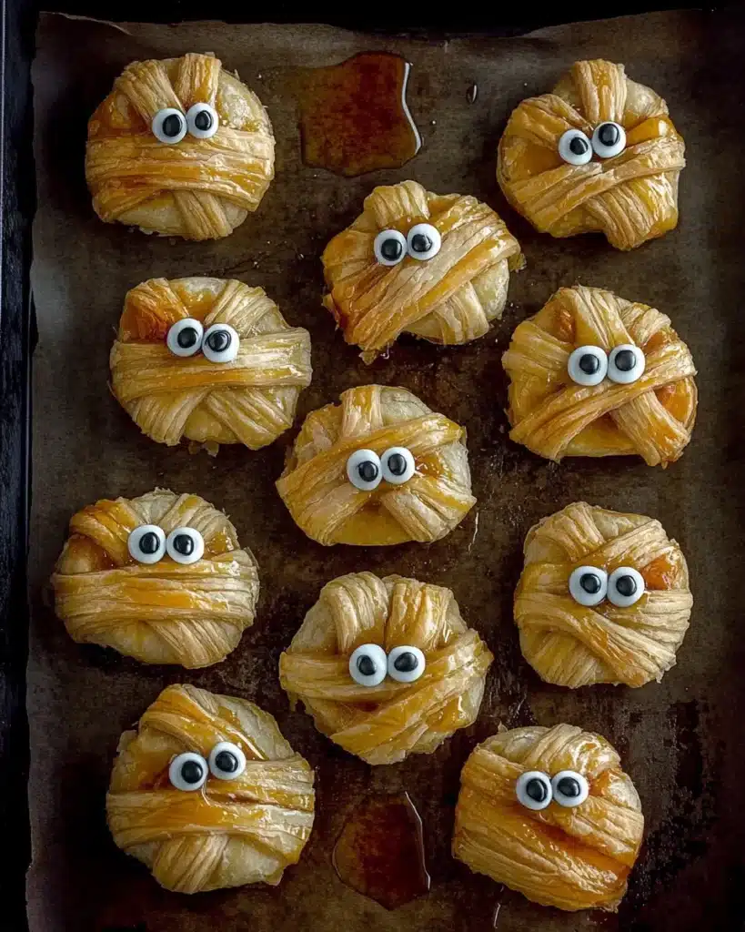 Round baked cheese mummies with puff pastry and candy eyes on parchment.
