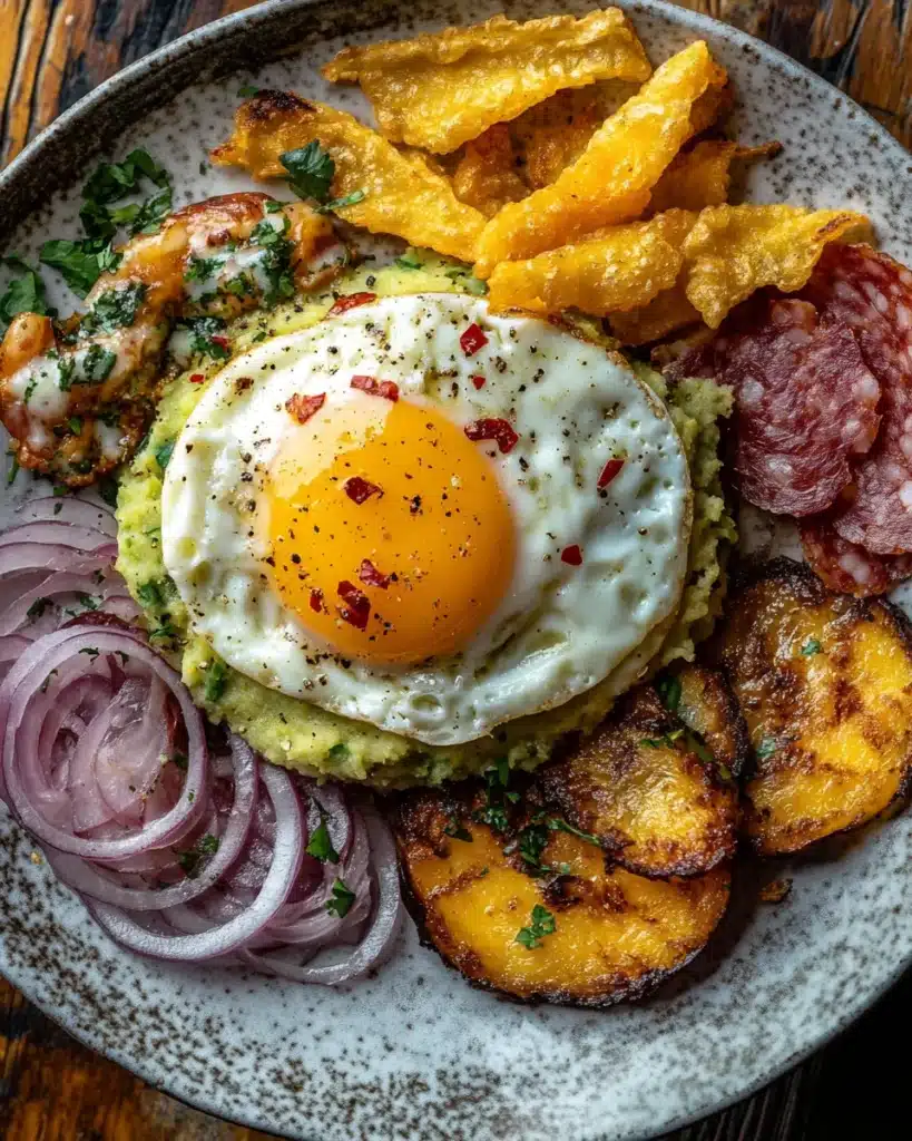 Dominican mangu with egg, fried cheese, salami, onions, and sweet plantains.