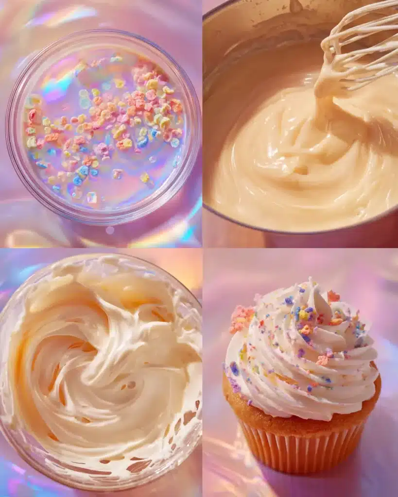 Step-by-step photo collage showing how to make Fruity Pebbles Frosting with Ermine Base and use it to decorate cupcakes.
