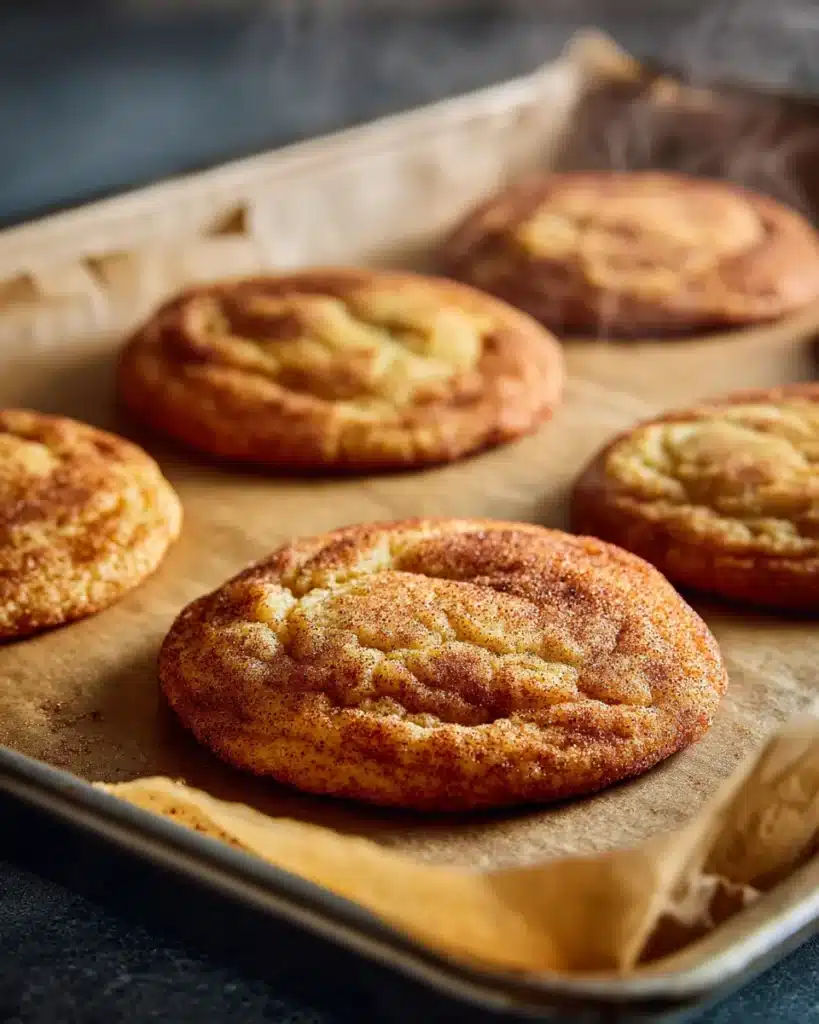 Freshly baked pumpkin snickerdoodle cookies on parchment-lined baking tray.