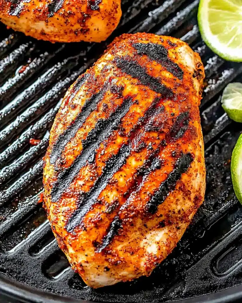 Grilled chicken breast with sear marks on a cast-iron grill pan with lime slices. Fiesta Lime Chicken