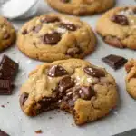 Soft batch chocolate chip cookies topped with flaky sea salt on parchment