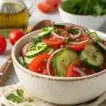 Bowl of cucumber tomato salad with red onions and herbs