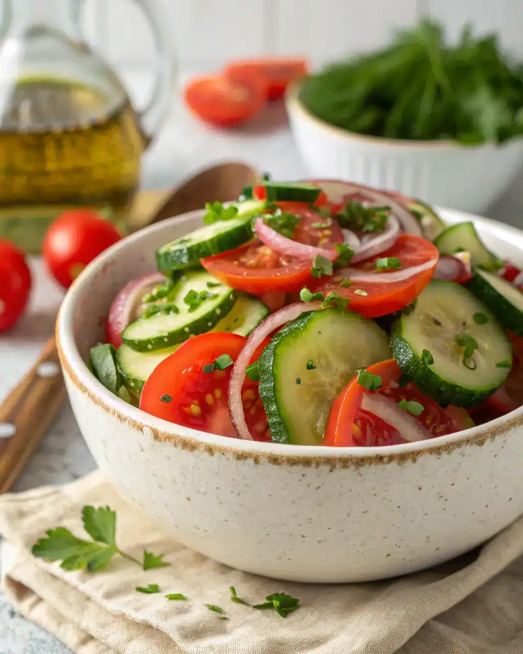 Bowl of cucumber tomato salad with red onions and herbs