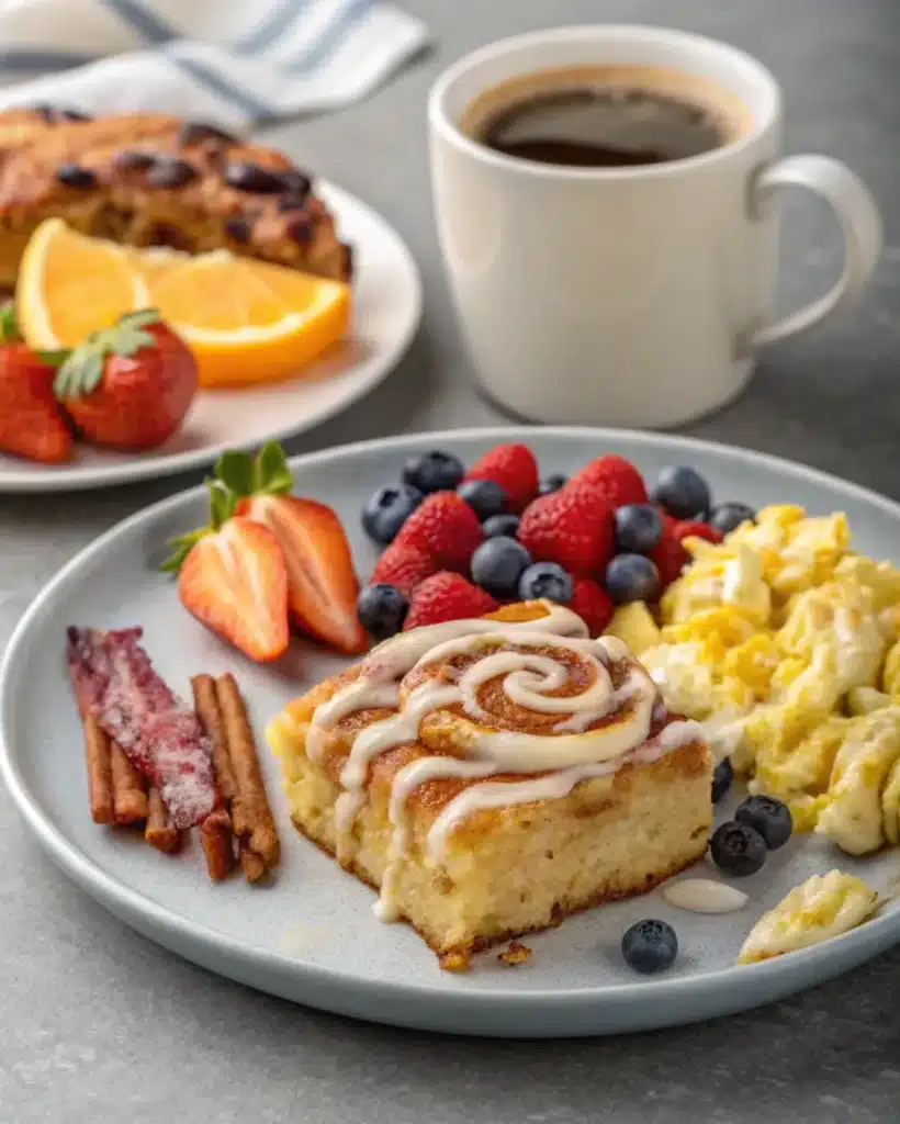 Cinnamon roll casserole served with scrambled eggs, berries, and coffee for a balanced brunch.