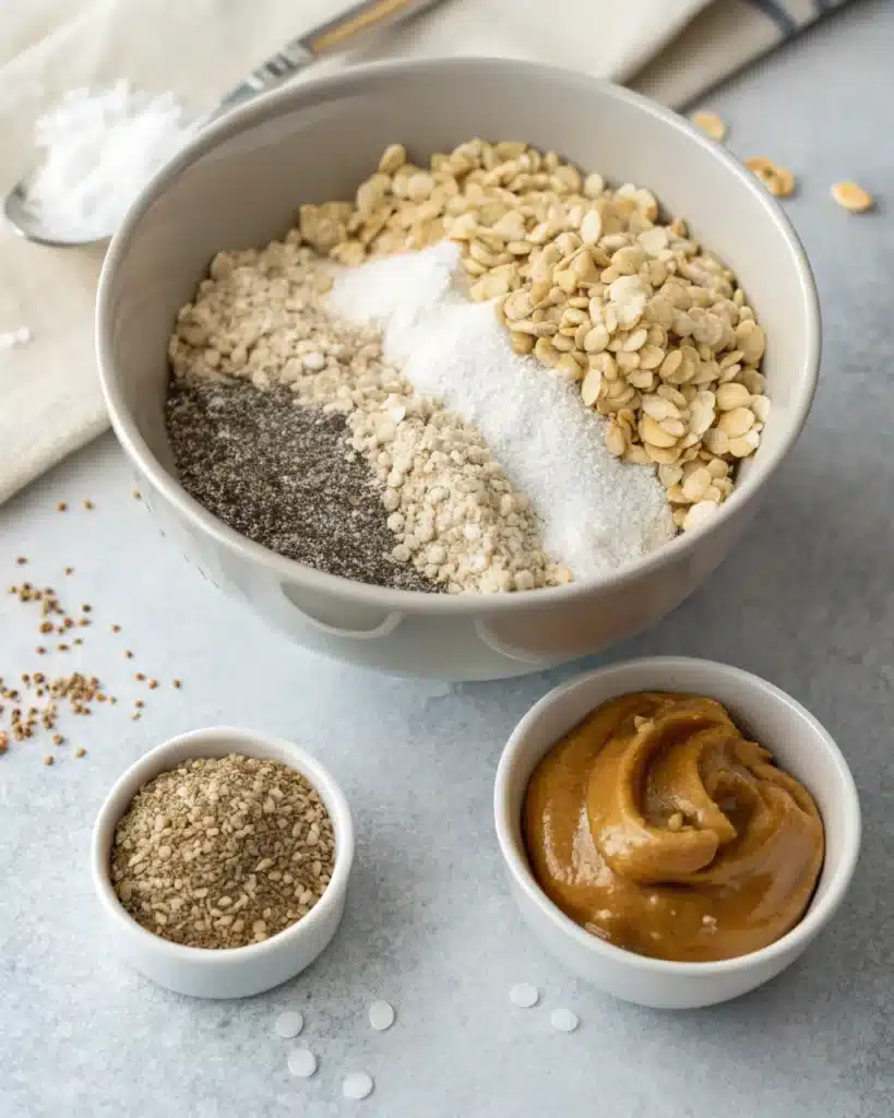 Dry ingredients for no bake energy balls in a bowl with nut butter on the side