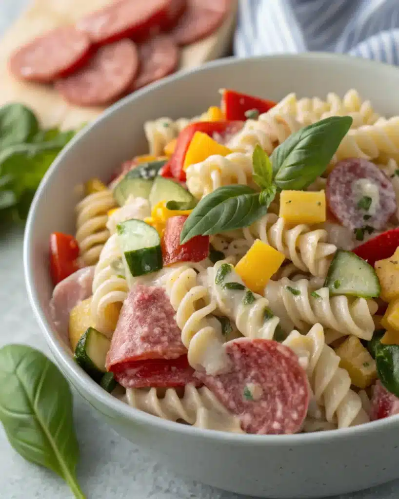 Cold pasta salad with chickpea rotini, cheese cubes, salami, cucumbers, and peppers.