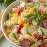 High protein Italian pasta salad with rotini, salami, veggies, and basil garnish.