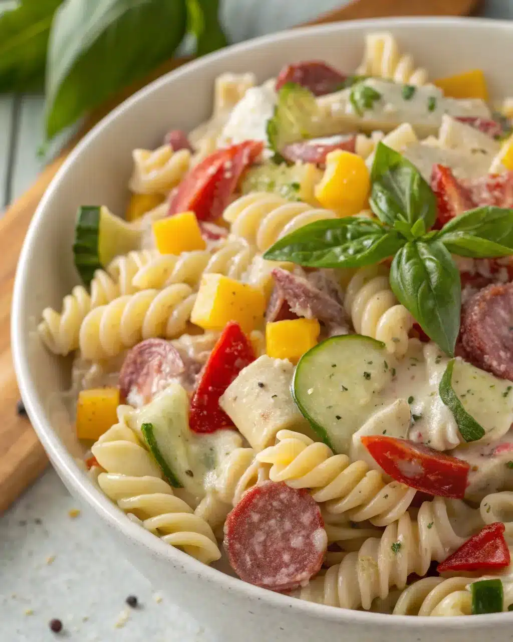 High protein Italian pasta salad with rotini, salami, veggies, and basil garnish.