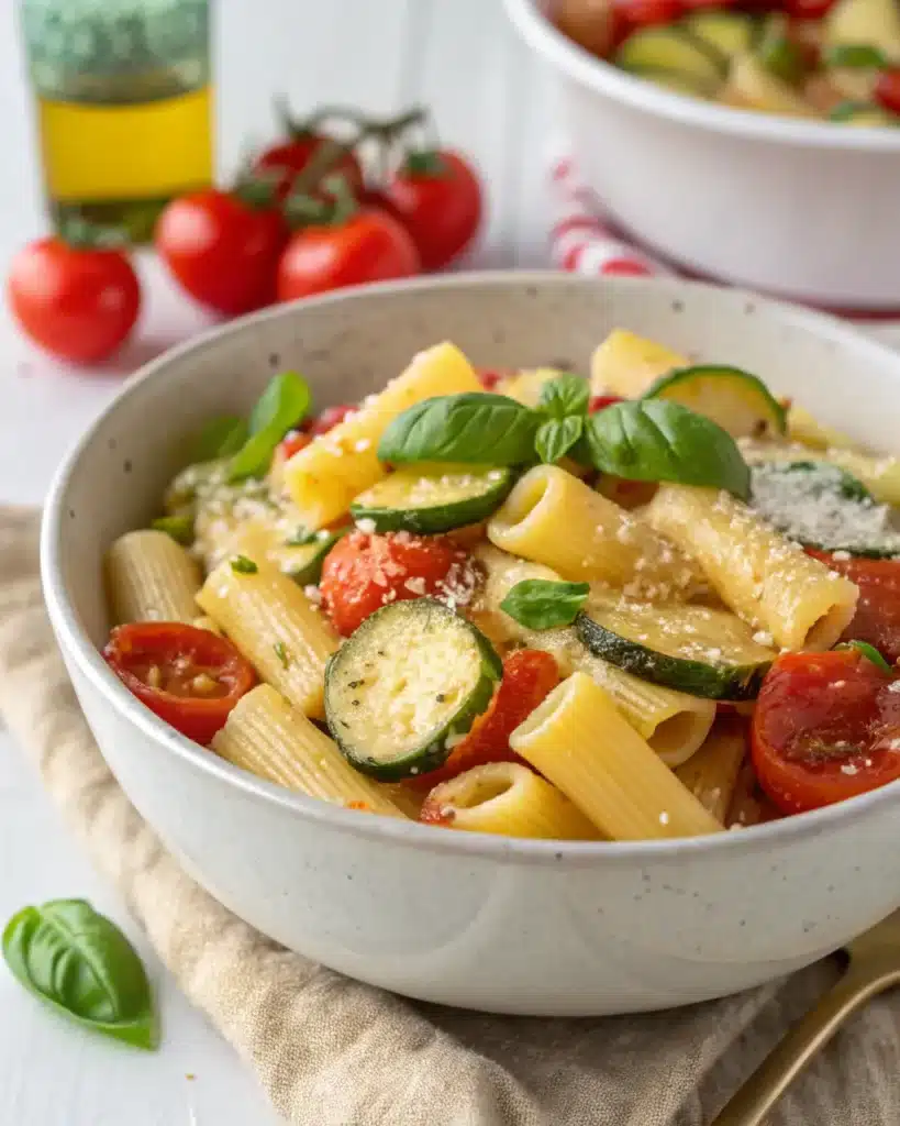 Rigatoni pasta with zucchini, cherry tomatoes, and fresh basil