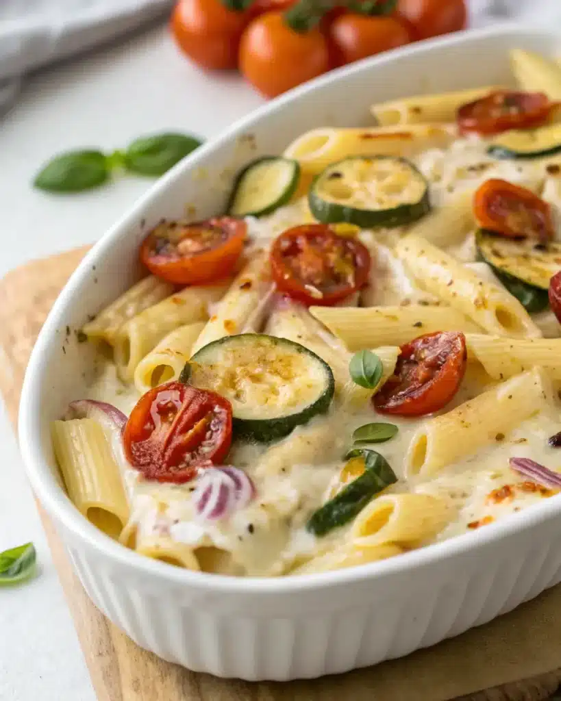 Cheesy baked pasta with feta, zucchini, and tomatoes in a baking dish