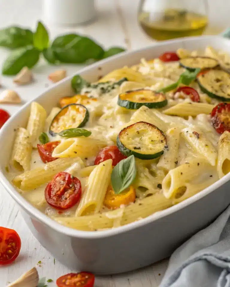 Baked feta pasta with roasted vegetables and fresh basil in white dish