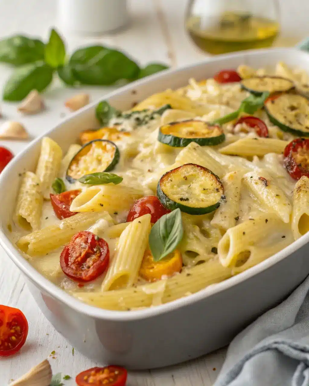 Baked feta pasta with roasted vegetables and fresh basil in white dish
