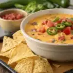 Cheesy Rotel dip with diced tomatoes and jalapeños served with tortilla chips