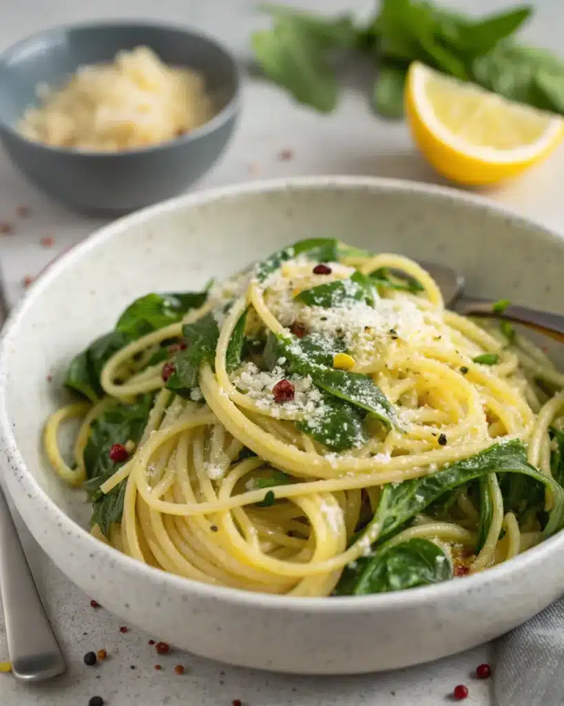 Lemon spinach spaghetti topped with Parmesan and cracked pepper