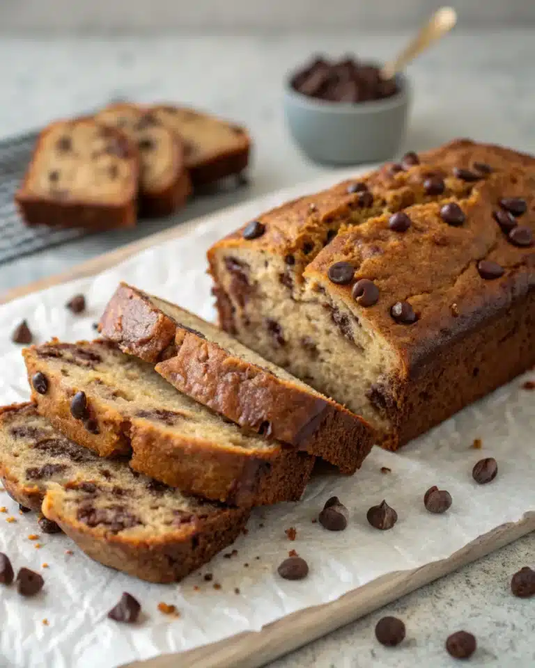 Sliced chocolate chip banana bread loaf on parchment with melty chips