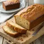 Moist banana bread loaf sliced on a rustic wooden board