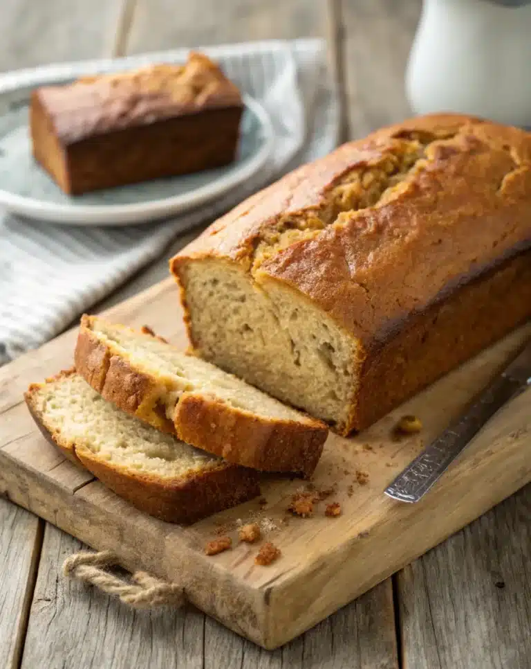 Moist banana bread loaf sliced on a rustic wooden board
