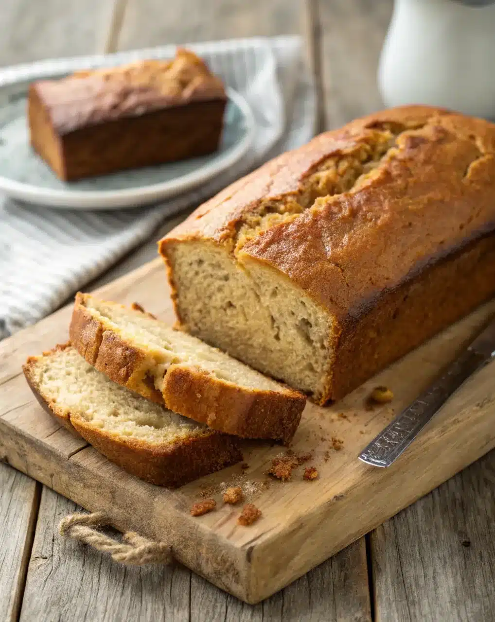 Moist banana bread loaf sliced on a rustic wooden board